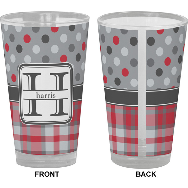 Red & Gray Dots and Plaid Pint Glass - Full Color - Front & Back Views
