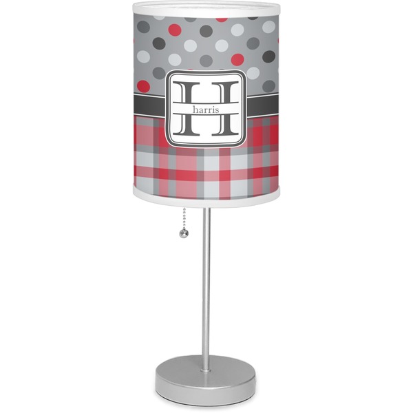 Custom Red & Gray Dots and Plaid 7" Drum Lamp with Shade Linen (Personalized)