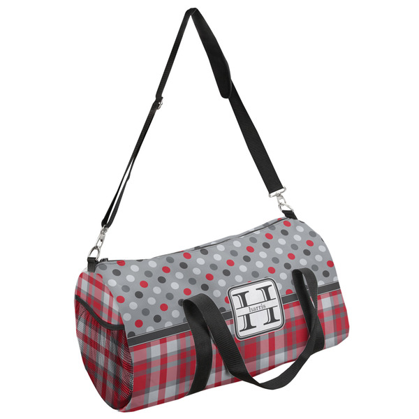 Custom Red & Gray Dots and Plaid Duffel Bag (Personalized)