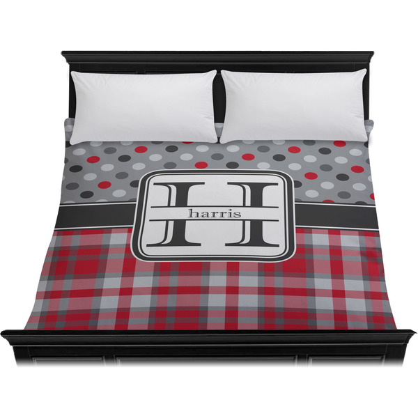 Red & Gray Dots and Plaid Duvet Cover - King - On Bed - No Prop