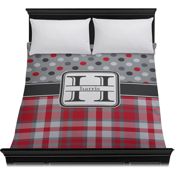 Red & Gray Dots and Plaid Duvet Cover - Queen - On Bed - No Prop
