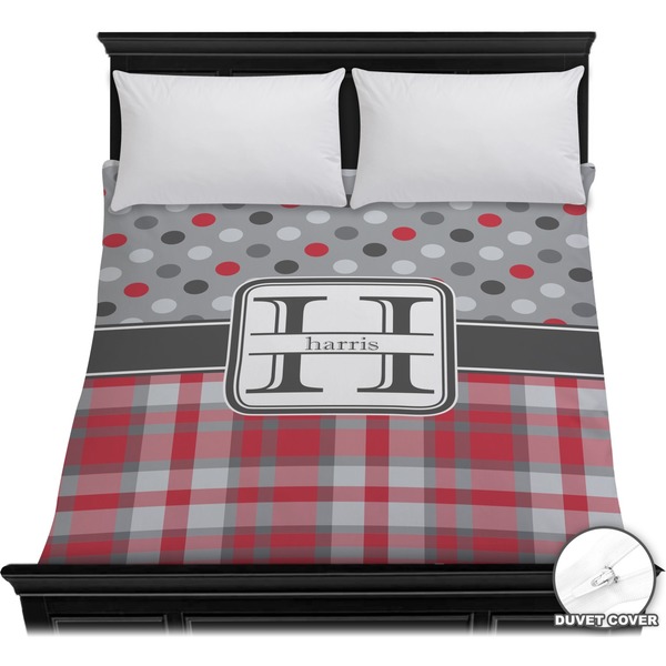 Custom Red & Gray Dots and Plaid Duvet Cover - Full / Queen (Personalized)