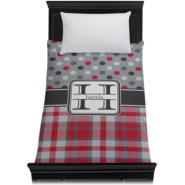 Red & Gray Dots and Plaid Duvet Cover - Twin XL - On Bed - No Prop