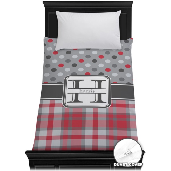 Custom Red & Gray Dots and Plaid Duvet Cover - Twin (Personalized)