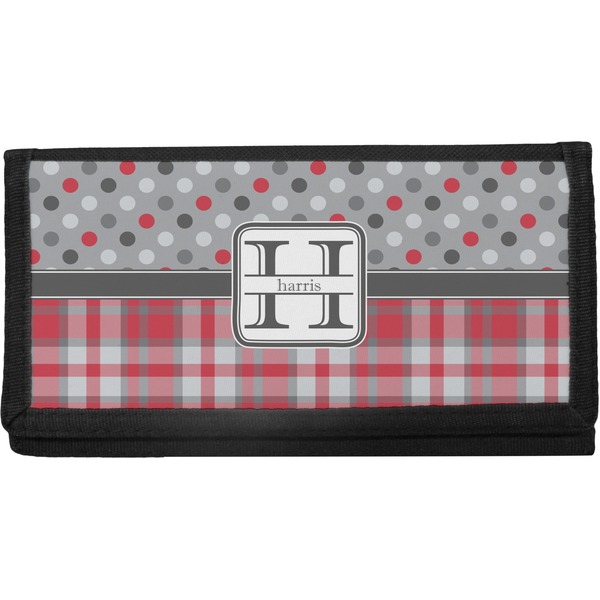 Custom Red & Gray Dots and Plaid Canvas Checkbook Cover (Personalized)