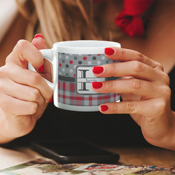 Red & Gray Dots and Plaid Double Shot Espresso Cup - Single (Personalized)