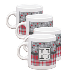 Red & Gray Dots and Plaid Single Shot Espresso Cups - Set of 4 (Personalized)