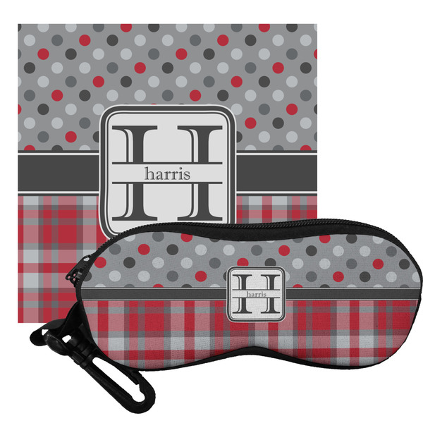 Custom Red & Gray Dots and Plaid Eyeglass Case & Cloth (Personalized)