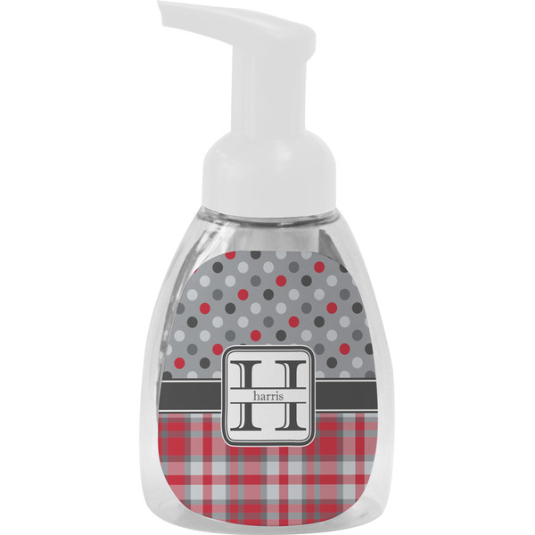 Custom Red & Gray Dots and Plaid Foam Soap Bottle - White (Personalized)