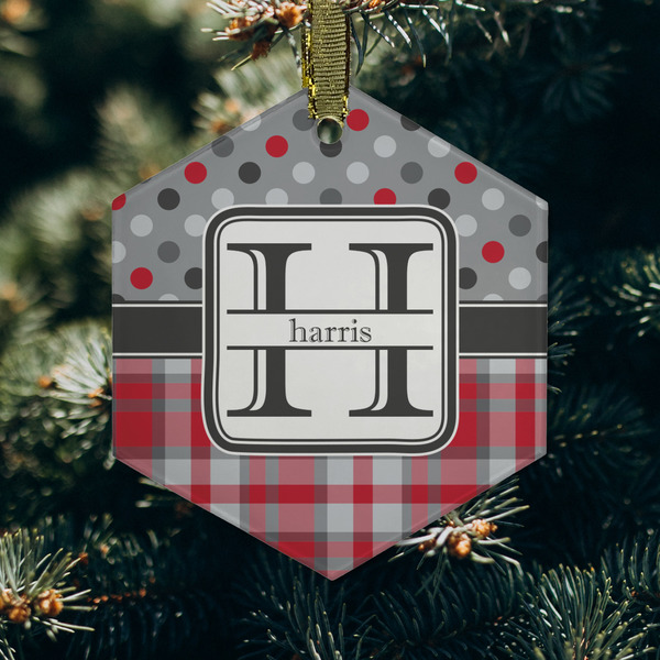 Red & Gray Dots and Plaid Frosted Glass Ornament - Hexagon (Lifestyle)