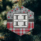 Red & Gray Dots and Plaid Frosted Glass Ornament - Hexagon (Lifestyle)
