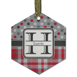 Red & Gray Dots and Plaid Flat Glass Ornament - Hexagon w/ Name and Initial