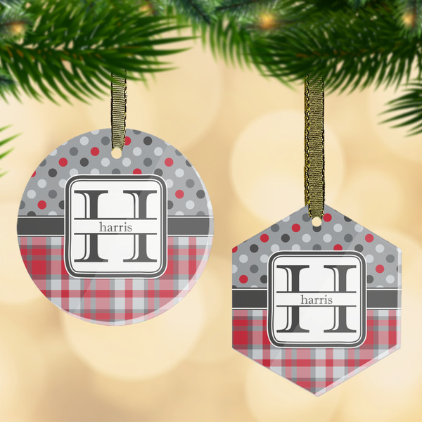 Custom Red & Gray Dots and Plaid Flat Glass Ornament w/ Name and Initial