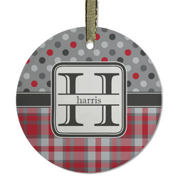 Red & Gray Dots and Plaid Flat Glass Ornament - Round w/ Name and Initial