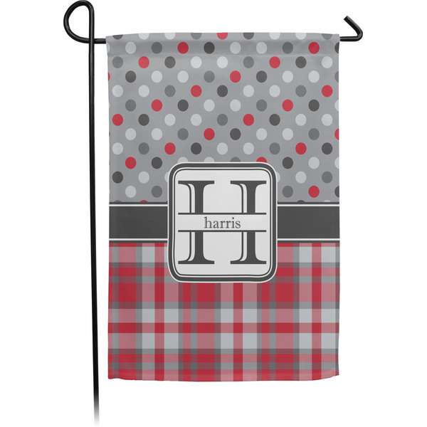 Custom Red & Gray Dots and Plaid Small Garden Flag - Single Sided w/ Name and Initial