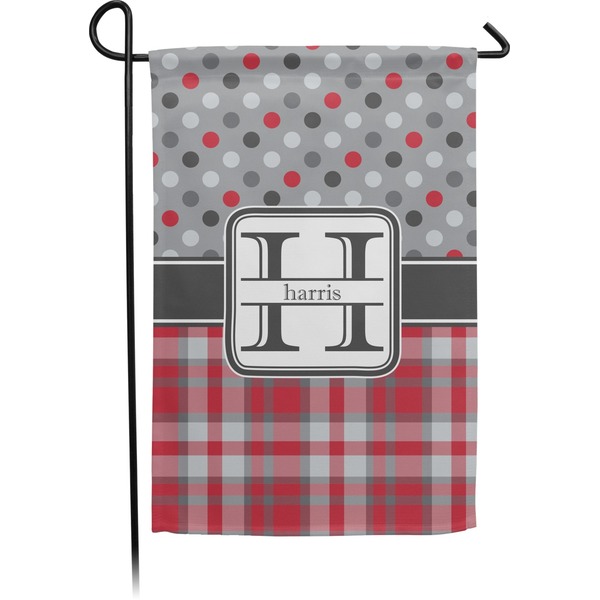 Custom Red & Gray Dots and Plaid Small Garden Flag - Double Sided w/ Name and Initial