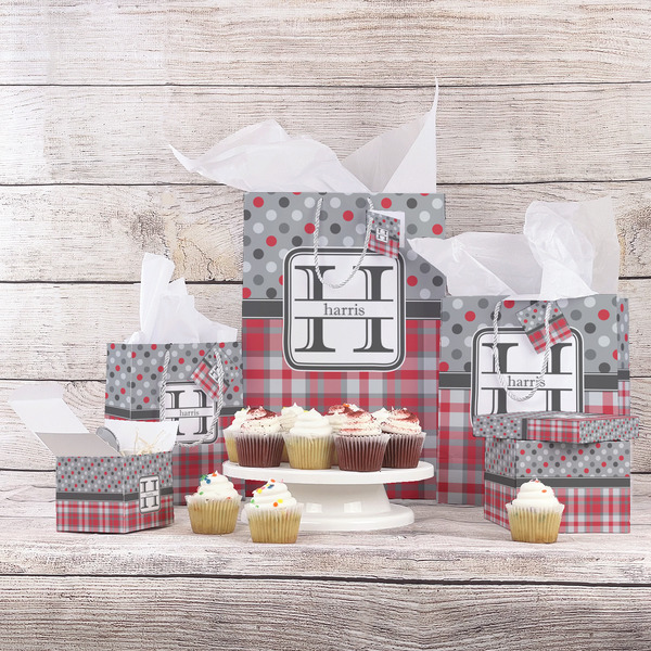 Red & Gray Dots and Plaid Gift Bags - In Context