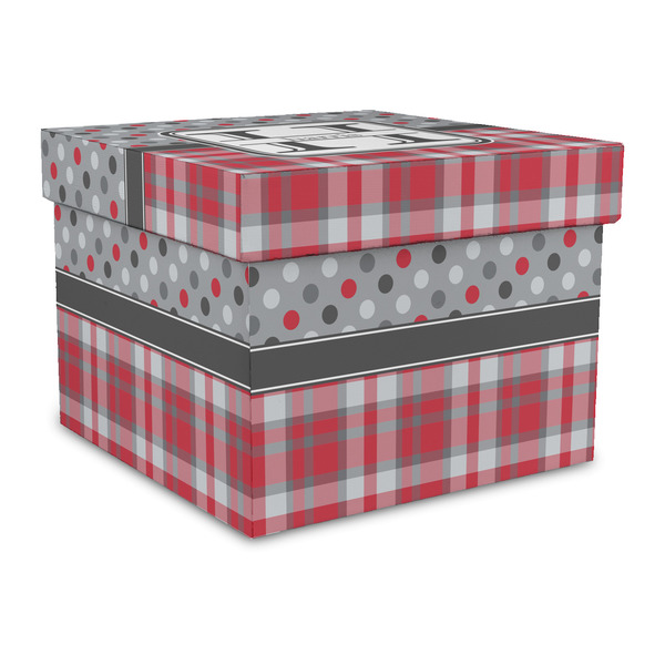 Custom Red & Gray Dots and Plaid Gift Box with Lid - Canvas Wrapped - Large (Personalized)
