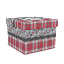Red & Gray Dots and Plaid Gift Box with Lid - Canvas Wrapped - Medium (Personalized)