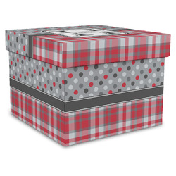 Red & Gray Dots and Plaid Gift Box with Lid - Canvas Wrapped - X-Large (Personalized)