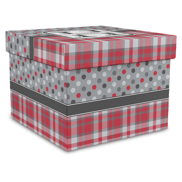 Custom Red & Gray Dots and Plaid Gift Box with Lid - Canvas Wrapped - X-Large (Personalized)