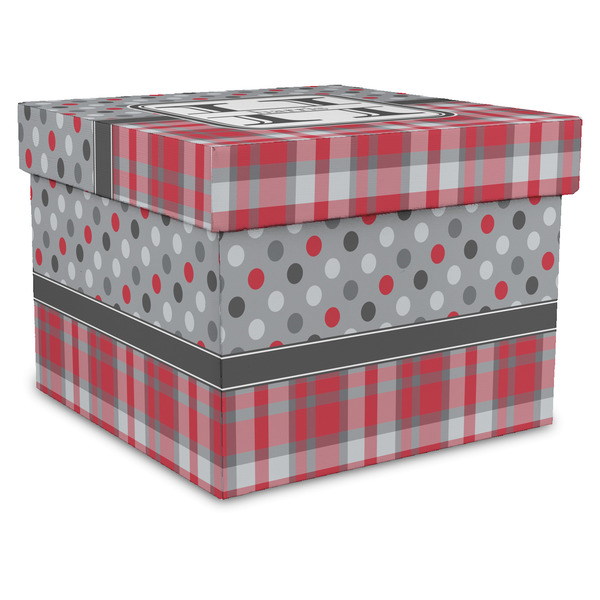Custom Red & Gray Dots and Plaid Gift Box with Lid - Canvas Wrapped - XX-Large (Personalized)