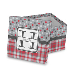 Red & Gray Dots and Plaid Gift Box with Lid - Canvas Wrapped (Personalized)