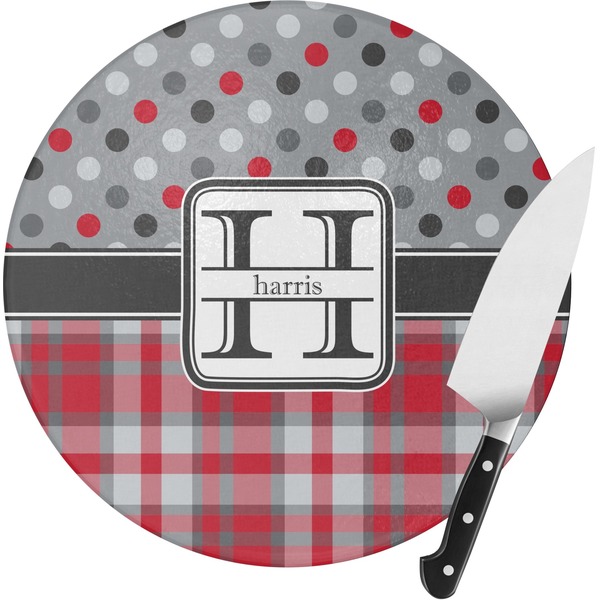 Custom Red & Gray Dots and Plaid Round Glass Cutting Board (Personalized)