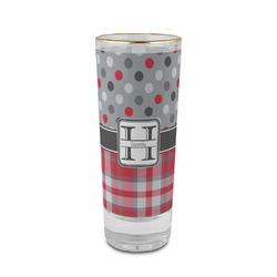 Red & Gray Dots and Plaid 2 oz Shot Glass - Glass with Gold Rim (Personalized)