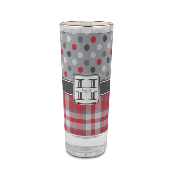 Custom Red & Gray Dots and Plaid 2 oz Shot Glass - Glass with Gold Rim (Personalized)