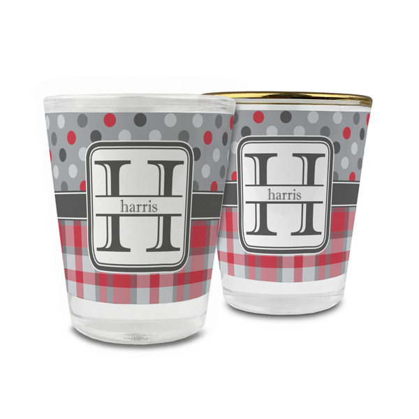 Custom Red & Gray Dots and Plaid Glass Shot Glass - 1.5 oz (Personalized)