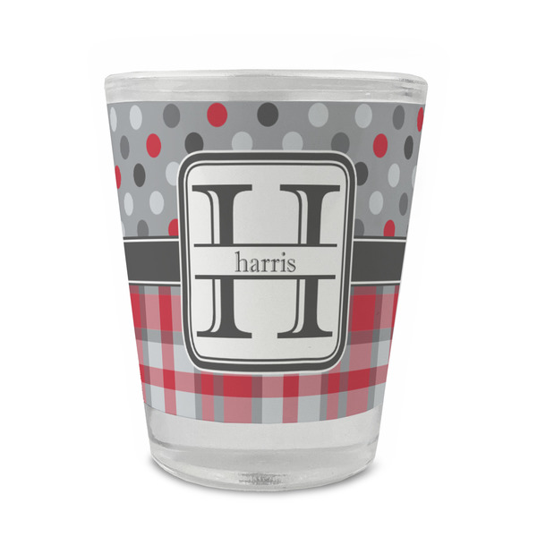 Custom Red & Gray Dots and Plaid Glass Shot Glass - 1.5 oz - Set of 4 (Personalized)
