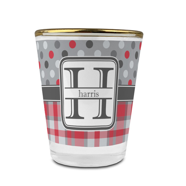 Custom Red & Gray Dots and Plaid Glass Shot Glass - 1.5 oz - with Gold Rim - Single (Personalized)