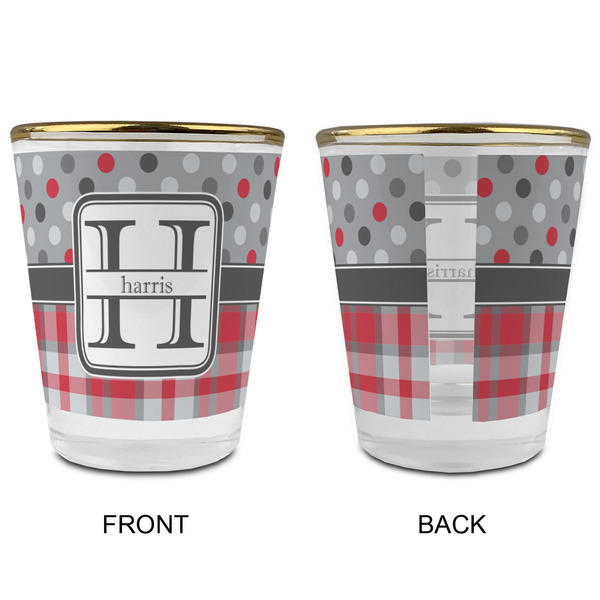 Red & Gray Dots and Plaid Glass Shot Glass - with gold rim - APPROVAL