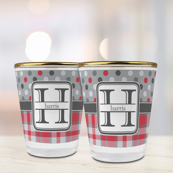 Red & Gray Dots and Plaid Glass Shot Glass - with gold rim - LIFESTYLE