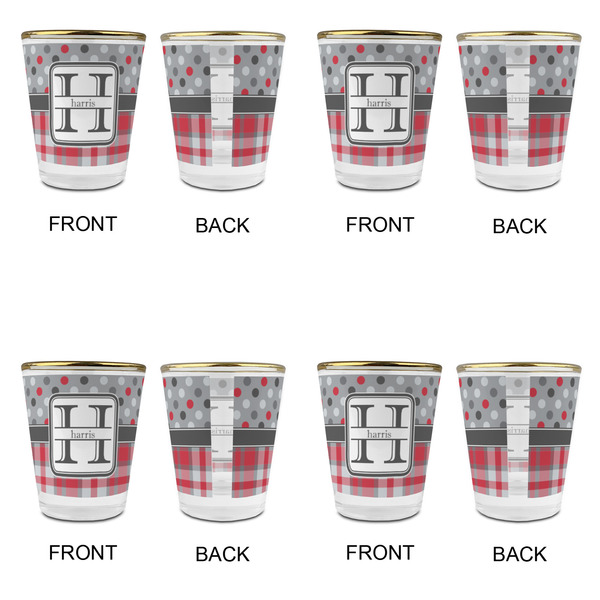 Red & Gray Dots and Plaid Glass Shot Glass - with gold rim - Set of 4 - APPROVAL