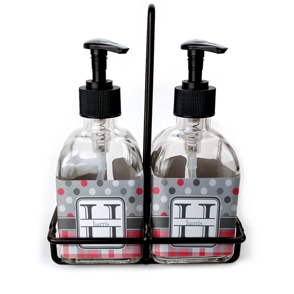 Custom Red & Gray Dots and Plaid Glass Soap & Lotion Bottle Set (Personalized)