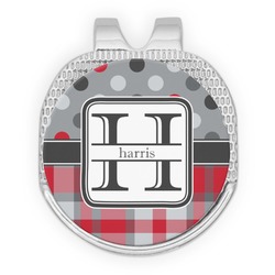 Red & Gray Dots and Plaid Golf Ball Marker - Hat Clip - Silver