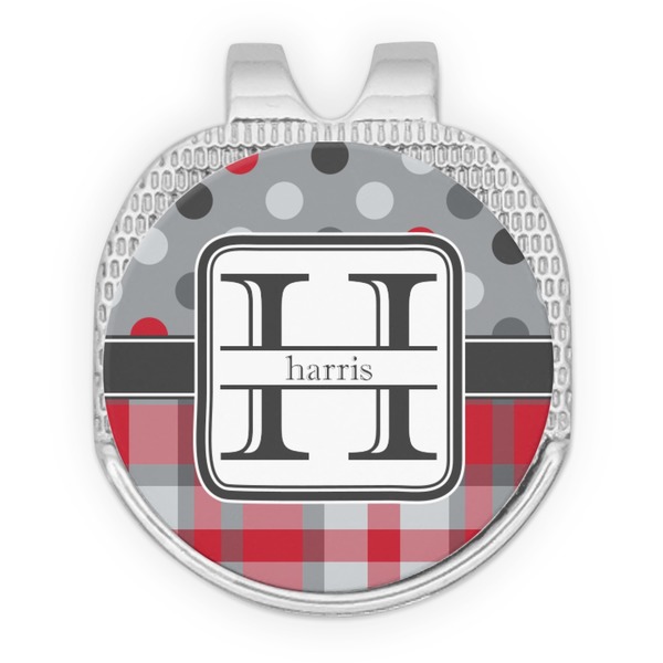Custom Red & Gray Dots and Plaid Golf Ball Marker - Hat Clip - Silver
