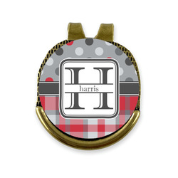 Red & Gray Dots and Plaid Golf Ball Marker - Hat Clip - Gold