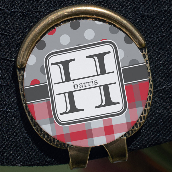 Red & Gray Dots and Plaid Golf Ball Marker Hat Clip - Gold - Close Up