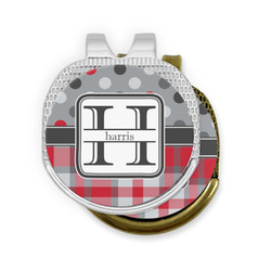 Red & Gray Dots and Plaid Golf Ball Marker - Hat Clip