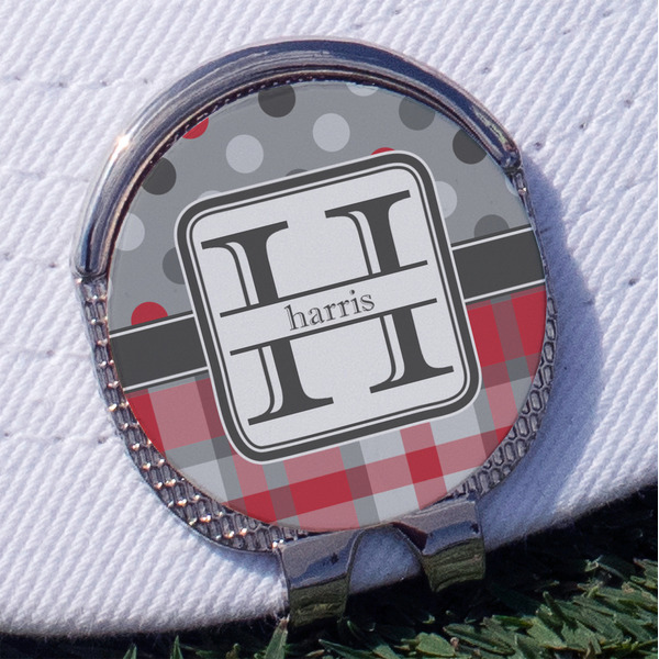 Custom Red & Gray Dots and Plaid Golf Ball Marker - Hat Clip