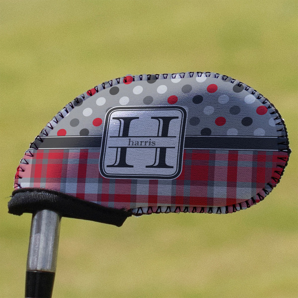 Custom Red & Gray Dots and Plaid Golf Club Iron Cover - Single (Personalized)