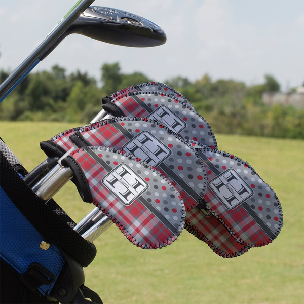Custom Red & Gray Dots and Plaid Golf Club Iron Cover - Set of 9 (Personalized)