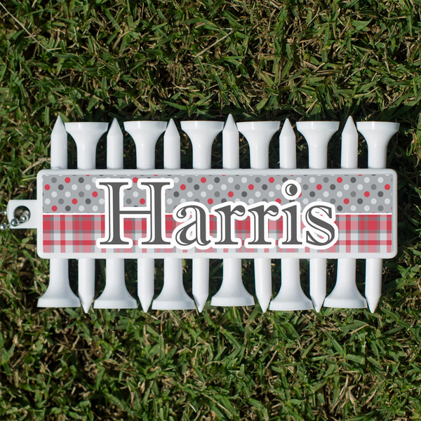 Custom Red & Gray Dots and Plaid Golf Tees & Ball Markers Set (Personalized)