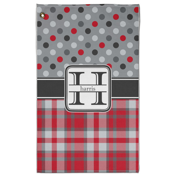 Custom Red & Gray Dots and Plaid Golf Towel - Poly-Cotton Blend - Large w/ Name and Initial