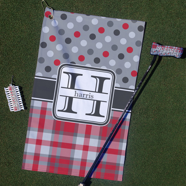 Custom Red & Gray Dots and Plaid Golf Towel Gift Set (Personalized)