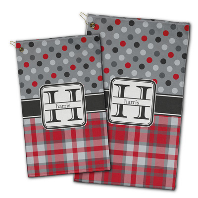 Red & Gray Dots and Plaid Golf Towel - Poly-Cotton Blend w/ Name and Initial
