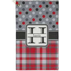 Red & Gray Dots and Plaid Golf Towel - Poly-Cotton Blend - Small w/ Name and Initial